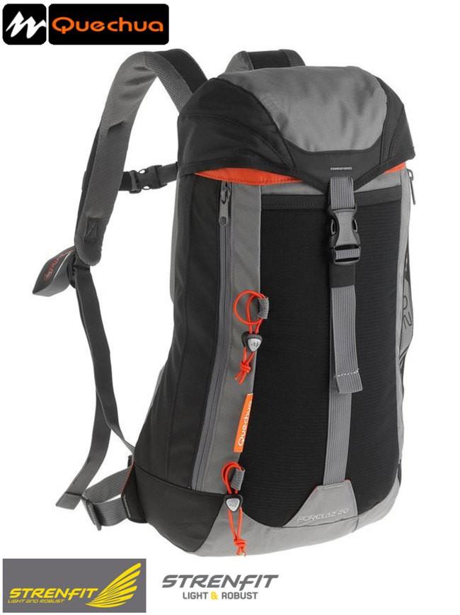 Typ / nazwa: plecak turystyczny Model: Forlcaz 20 Producent: Quechua Waga: 550g Materiały: 100% poliester powlekany poliuretanem Wodoodporność: NIE Zintegrowany pokrowiec przeciwdeszczowy: NIE