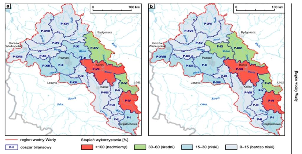 czwartorzędowego, natomiast 18% zasoby pięter starszych; -stopień wykorzystania dostępnych do zagospodarowania zasobów wód podziemnych kształtuje się na niskim poziomie 15-30% (X - Poznańska zlewnia