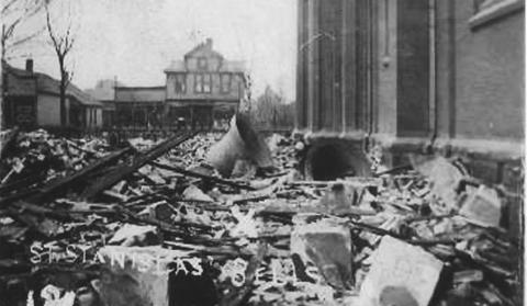 church organ, and other stained glass windows. The 5,000 pound and 2500 pound bells in the eastern bell tower were blown out of the tower and into the school yard.