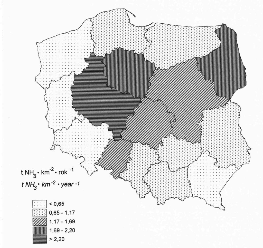 Regionalne zróżicowanie emisji amoniaku w polskim rolnictwie w latach 2005 2007 27 sją amoniaku, w województwie wielkopolskim istnieje ryzyko zwiększonej depozycji azotu z atmosfery.
