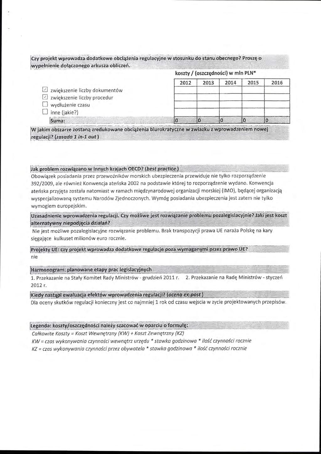 koszty (oszczędności) w mn PLN* zwiększenie iczby dokumentów zwiększenie iczby procedur Obowiązek posiadania przez przewoźników morskich ubezpieczenia przewiduje nie tyko rozporządzenie 392/09, ae