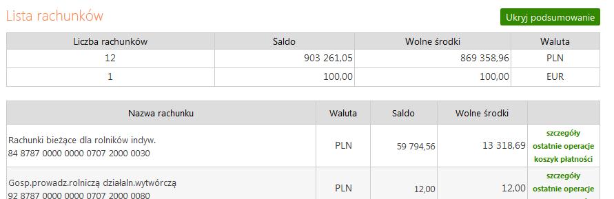Obsługa rachunku oraz uzyskanie szczegółowych danych rachunku następują po kliknięciu numeru (nazwy) wybranego rachunku.