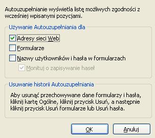 W zakładce [Zawartość] w opcji [Autouzupełnianie] wybierz przycisk [Ustawienia] a następnie wyświetlonym oknie odznacz