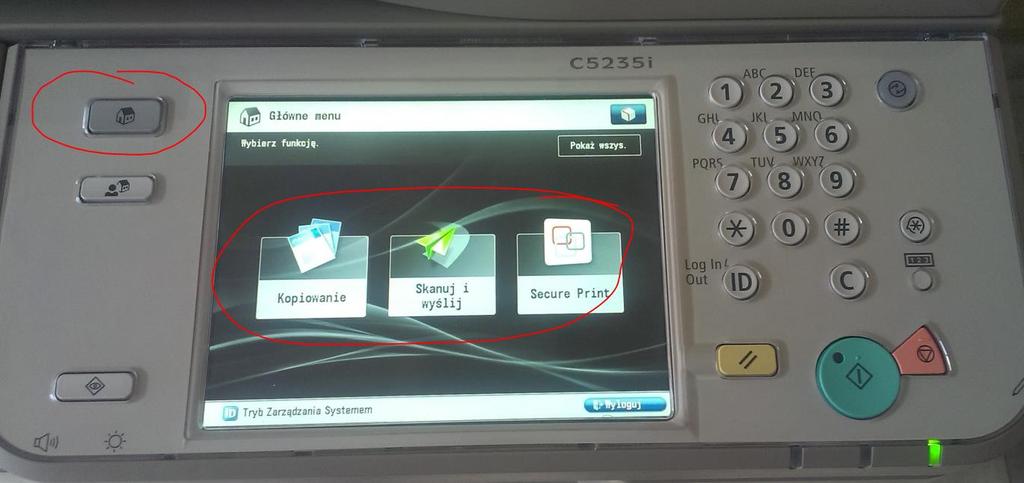 7.2. Ekran główny Po zalogowaniu do drukarki mamy możliwość wyboru trybu pracy tj. kopiowanie, skanowanie oraz drukowanie.