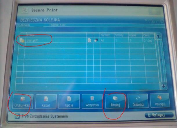 Następnie zaznaczamy dokument, który chcemy drukować i wybieramy polecenie Drukuj lub Drukuj+kasuj (dokumenty do druku przechowywane są na
