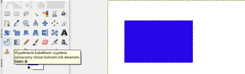 [9/34] GIMP Rysunek 17. Wypełnienie prostokąta Jeżeli będziemy zaznaczać interesujący nas obszar z wciśniętym klawiszem Shift, to wówczas otrzymamy kwadrat (Rysunek 18). Rysunek 18.