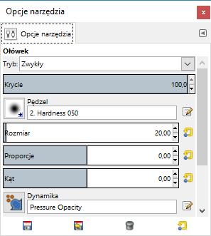 [13/34] GIMP Własności narzędzi Przybornika Dwukrotne kliknięcie lewym przyciskiem myszy dowolnego narzędzia w Przyborniku wyświetla okno ze wszystkimi dostępnymi opcjami tego narzędzia.