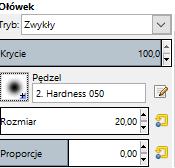 [14/34] GIMP W pierwszym u góry zaznaczonym obszarze różne rodzaje pędzla. Poniżej trzy rodzaje krycia: 50%, 25% oraz 5%. Obok dwa rodzaje proporcji: 20 oraz 5. Rysunek 27.