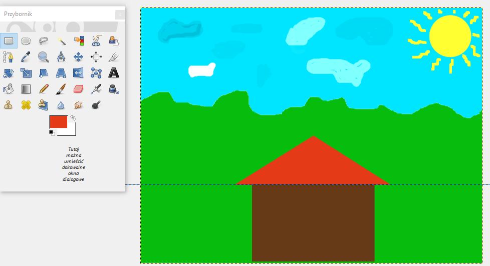 [21/34] GIMP Klikamy w kolejnych wierzchołkach, tak jak na rysunku (ostatnim wierzchołkiem jest pierwszy w lewym górnym rogu domu, aby zamknąć łamaną) Rysunek 40 Zaznaczanie dachu domu Wypełniamy