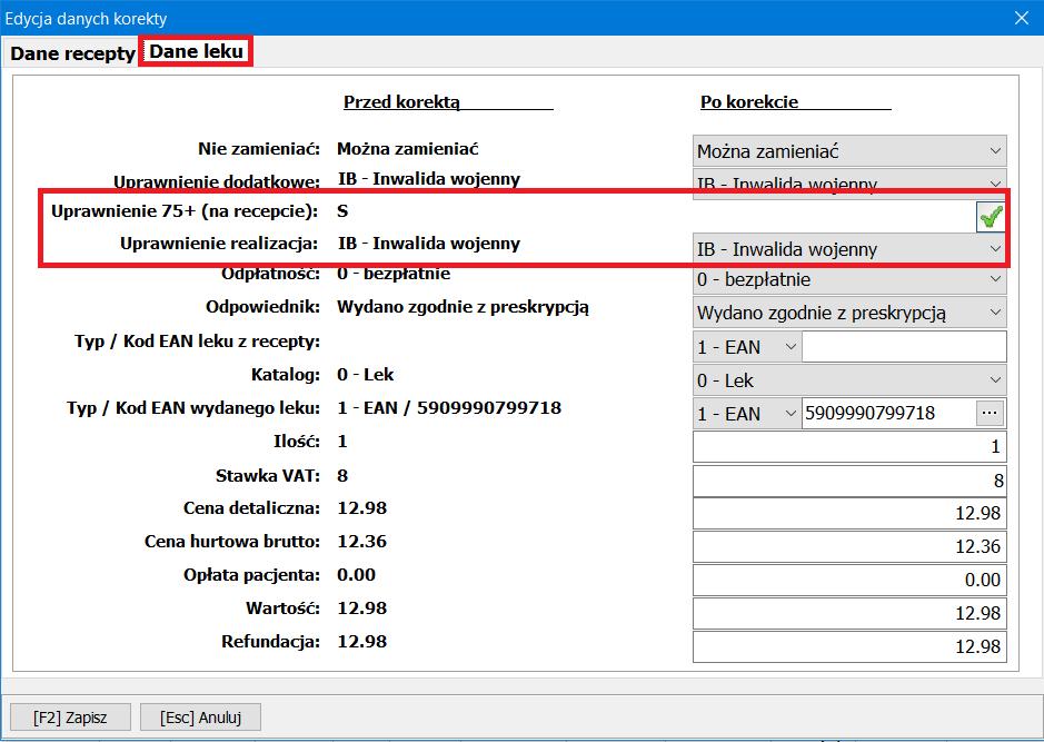 Edycja danych korekty dane leku - zakładka Dane leku w związku ze zmianami została rozbudowana o dodatkowe pola: Uprawnienie 75+ (na recepcie) pole określa, że na recepcie było