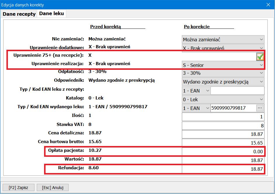 Przykłady korekt do zestawienia Po wybraniu zakładki z danymi leku, zaznaczamy pole Uprawnienie 75+ (na recepcie) następnie w polu Uprawnienie realizacja