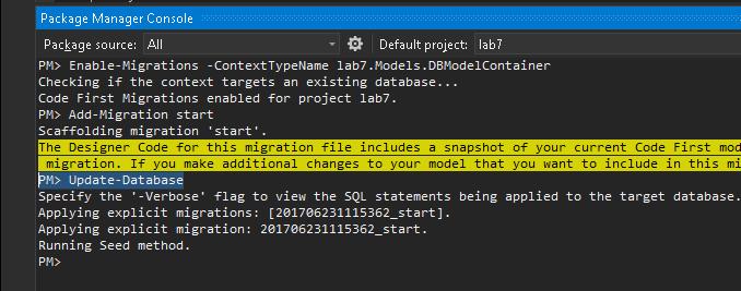 Ostatecznie należy wykonać komendę Update-Database.