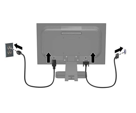 3. Podłącz jeden koniec przewodu zasilającego do gniazda zasilania z sieci elektrycznej (z tyłu monitora), a jego drugi koniec do ściennego gniazda sieci elektrycznej. Rysunek 3-4 Podłączanie kabli 4.