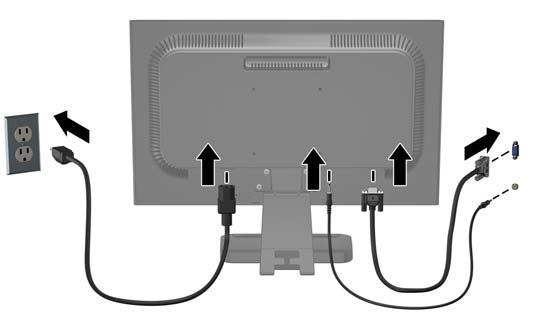 4. Podłącz jeden koniec przewodu zasilającego do gniazda zasilania z sieci elektrycznej (z tyłu monitora), a jego drugi koniec do ściennego gniazda sieci elektrycznej.