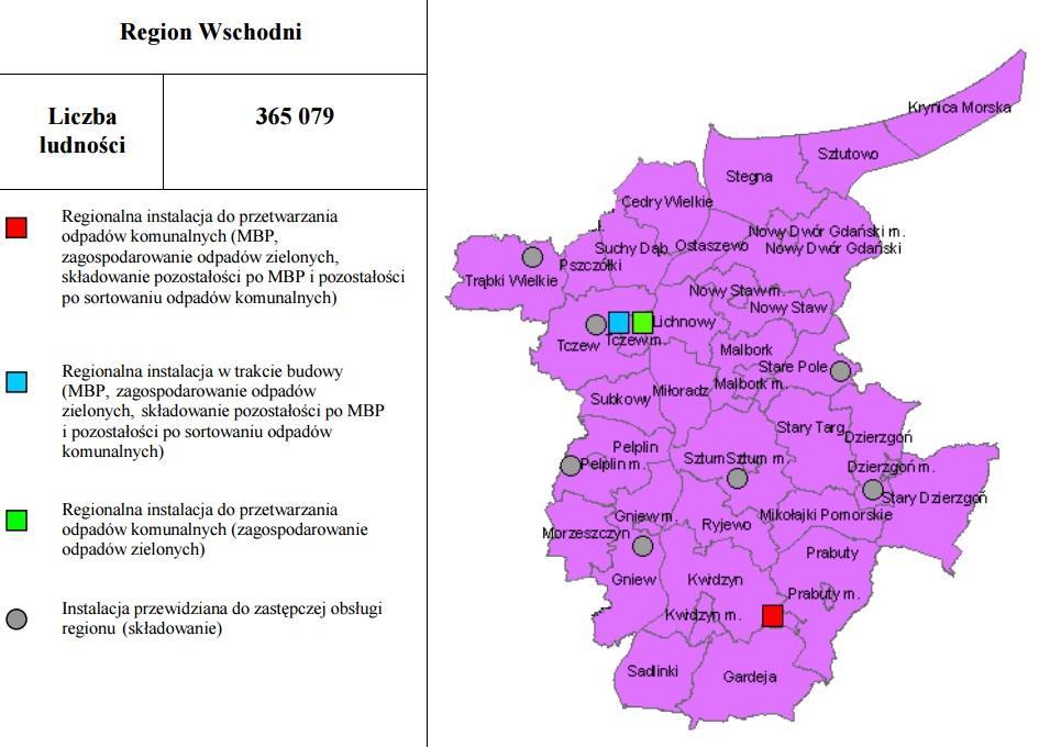 Rysunek 10.Charakterystyka Regionu Wschodniego. źródło: Plan gospodarki odpadami dla województwa pomorskiego 2018.