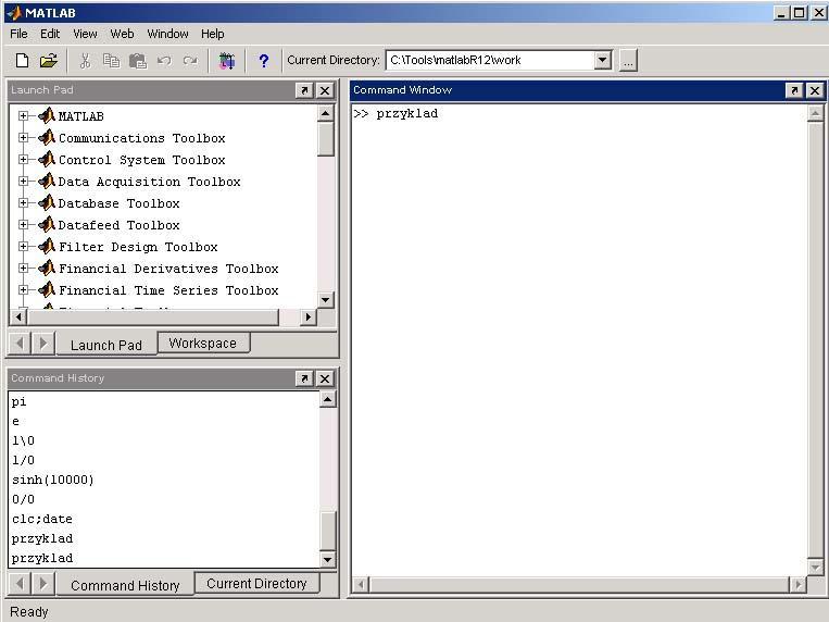 11. Zasady pisania programów. Matlab umożliwia pracę w dwu trybach: - interaktywnym polega na wpisaniu jednego lub kilku poleceń w linii zgłoszenia, np.