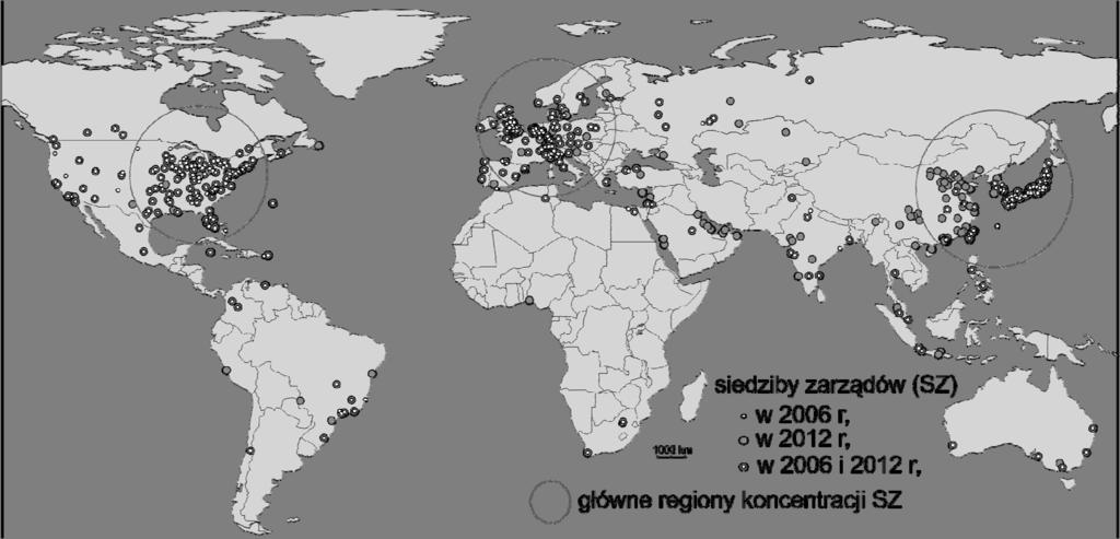 144 Sławomir Dorocki, Piotr Raźniak Rys. 1. Rozmieszczenie miast z siedzibami zarządów największych korporacji międzynarodowych w 2006 i 2012 r.