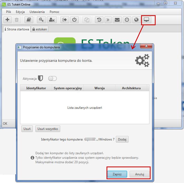 Rysunek 42: Przypisanie do komputera 6.6 Ustawienia wiadomości Każde wybrane zdarzenie wykonywane w aplikacji ES Token Online skutkuje otrzymaniem wiadomości potwierdzającej na podanego e-maila.