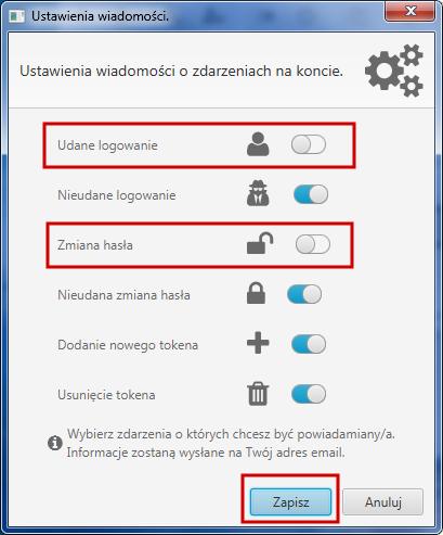 Rysunek 44: Wyłączenie/włączenie powiadomień o zdarzeniach na koncie Ustawienia - Godzin logowania, Przypisania