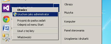 Przygotowanie projektu. Przystępując do tworzenia projektu, należy uruchomić Visual Studio 2012 jako administrator: 1.