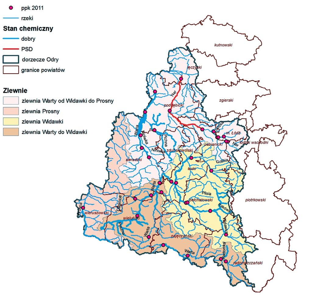 w dorzeczu Odry: - dobry stan chemiczny stwierdzono w 8 JCW rzecznych: Pilica od Zbiornika Sulejów do Wolbórki, Czarna Maleniecka od Barbarki do ujścia, Moszczanka, Ochnia od Miłonki do ujścia,