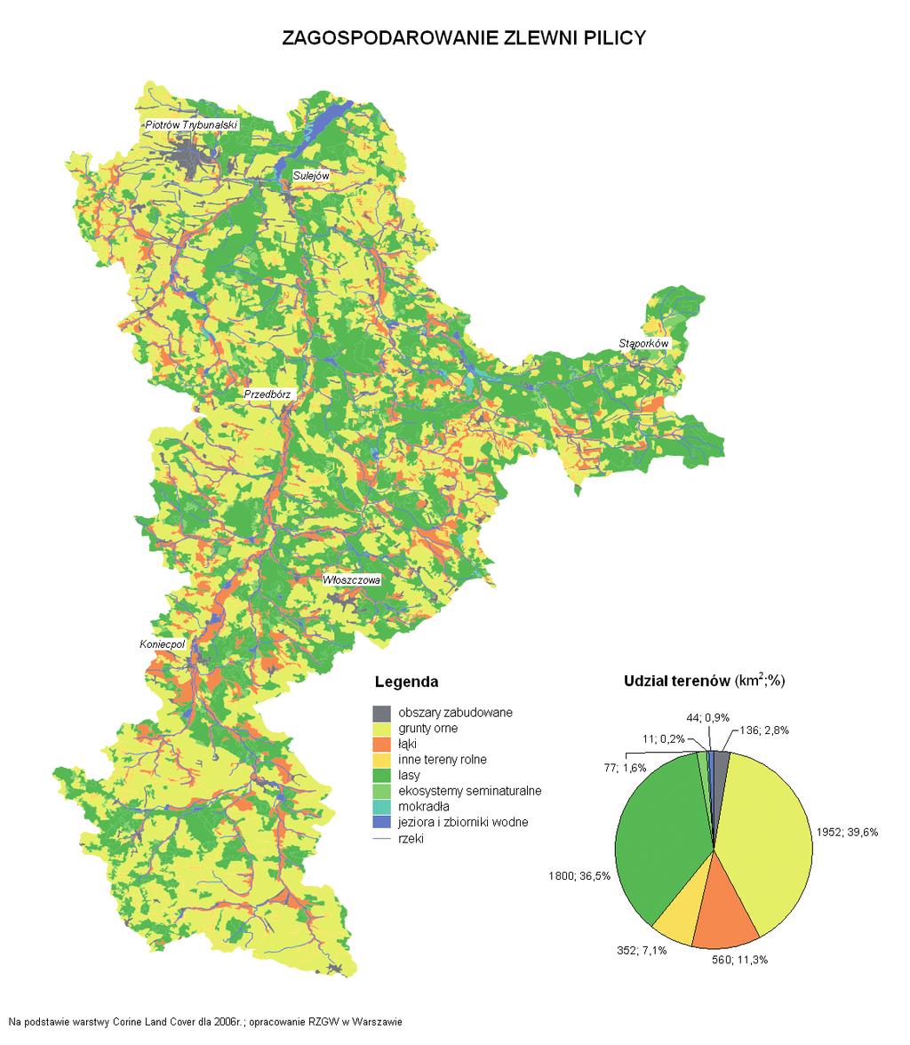 Stan Rys. II.9 Sposób zagospodarowania zlewni Pilicy oraz udział procentowy poszczególnych form użytkowania terenu. Przygotowano na podstawie warstwy Corine Land Cover 2006 II.2.3.