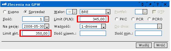 Zlecenia warunki dodatkowe Zlecenie sprzedaŝy z limitem aktywacji Limit aktywacji przy zleceniu sprzedaŝy musi być ustalony na poziomie niŝszym od limitu ostatniej transakcji zawartej na