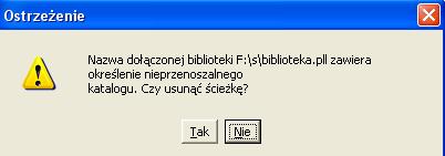 Ważne jest aby z dołączanej biblioteki usunąć ścieżkę, ponieważ uniezależni to środowisko uruchomieniowe aplikacji od specyficznego położenia bibliotek: Należy zapewnić aby stosowny plik