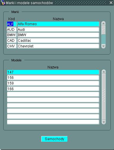 Posłuż się kodem: Projektowanie i implementacja systemów informatycznych -- wywołaj formularz samochody, -- przekaż pustą listę parametrów FORMULARZ('samochody',NULL); 5.