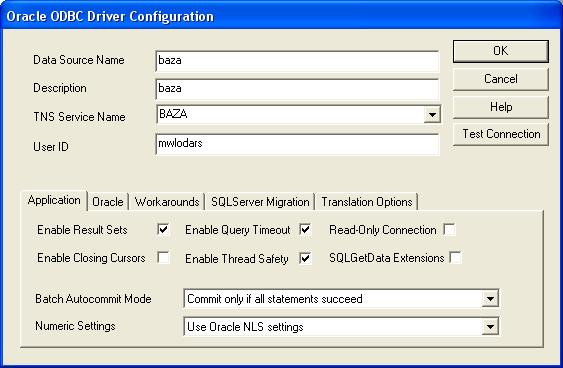 połączenie z bazą danych Oracle: Należy podać: - Data Source Name nazwa źródła danych -