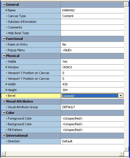 Name określa unikalną w ramach formularza nazwę kanwy. Umożliwia programowe odwoływanie się do kanwy (odczytywanie bądź zmianę własności). Canvas Type definiuje typ kanwy.