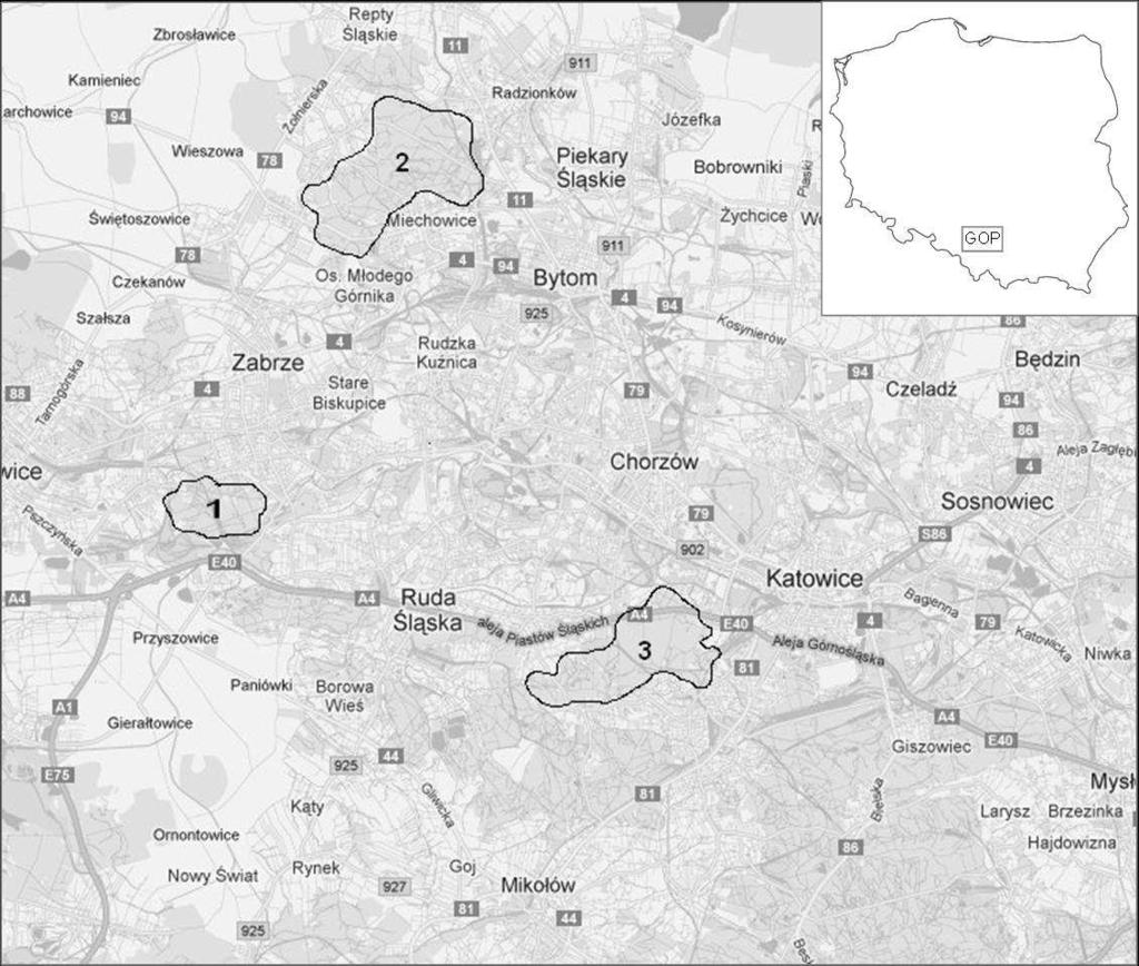 271 Rys. 1. Lokalizacja obiektów badań: 1 Park Powstańców Śląskich w Zabrzu, 2 Park im. Osmańczyka w Bytomiu, 3 Lasy Panewnicko-Kochłowickie.