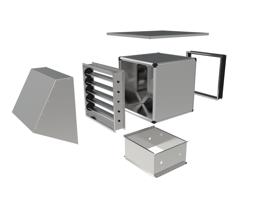 Wentylatory uniwersalne UNOBOX Przykłady konfiguracyjne (5) (1) (2) (3) (6) (4) (1) ABH - wyrzutnia Wyrzutnia skutecznie chroniąca wentylator przed opadami atmosferycznymi.