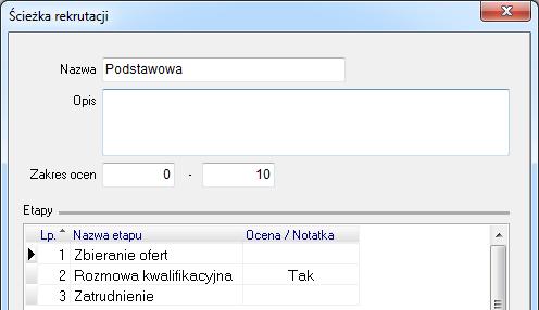 Ścieżki te zdefiniować można w menu Słowniki Inne Ścieżki rekrutacyjne. Standardowa ścieżka rekrutacyjna składa się z trzech etapów: zbierania podań, rozmowy kwalifikacyjnej, zatrudnienia. 3.