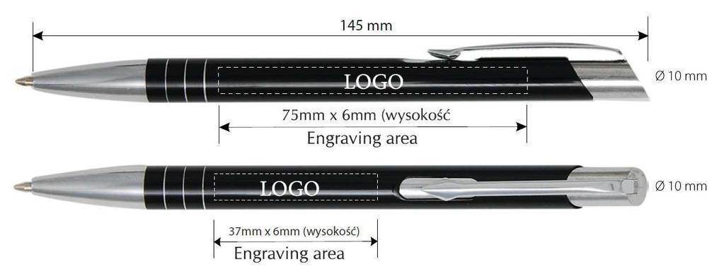 Grawer max 75 x 6 mm (z boku) lub 37 x 6 mm (pod klipsem), kolor graweru biały, na białym długopisie srebrny. 100 szt.