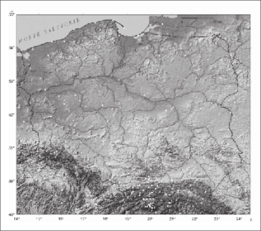 Metody analizy przestrzennej w badaniach klimatologicznych 67 Ryc. 1. Położenie stacji meteorologicznych uwzględnionych w opracowaniu na tle rzeźby terenu 3.