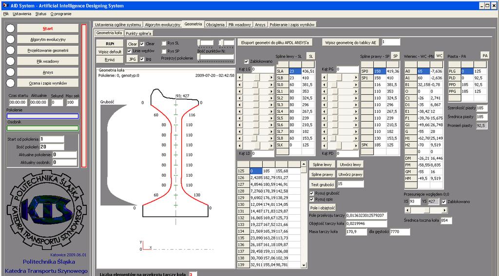 Wykorzystanie metod sztucznej inteligencji 105 osobniku i numerze pokolenia, czasie startu analizy MES, wraz z czasem, który upłynął od uruchomienia programu ANSYS.