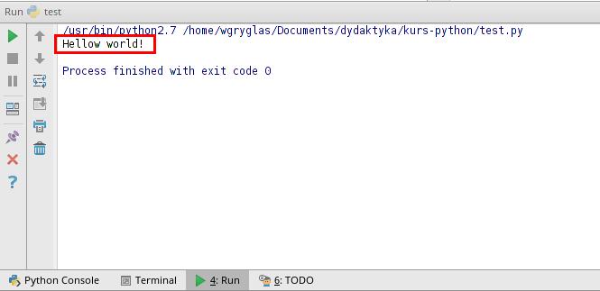 Przycisk do uruchamiania wybranej konfiguracji. 3. Przycisk służący do uruchamiania wybranej konfiguracji w trybie Debug. Figure 4: Pierwsze uruchomienie nowego pliku Po co nam różne konfiguracje?