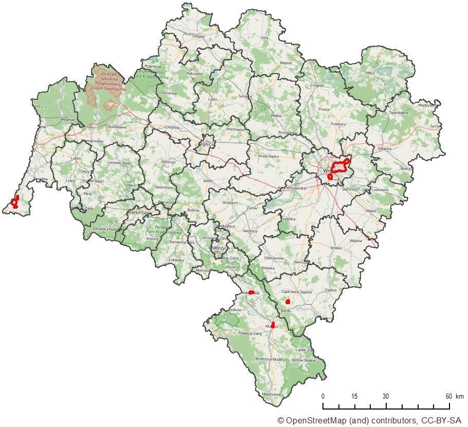 Obszary przekroczeń stężeń rocznych PM10 Aglomeracja wrocławska: Powierzchnia obszarów przekroczeń: 30,5 km 2 Szacowana liczba ludności: 208 054 osoby Strefa dolnośląska: