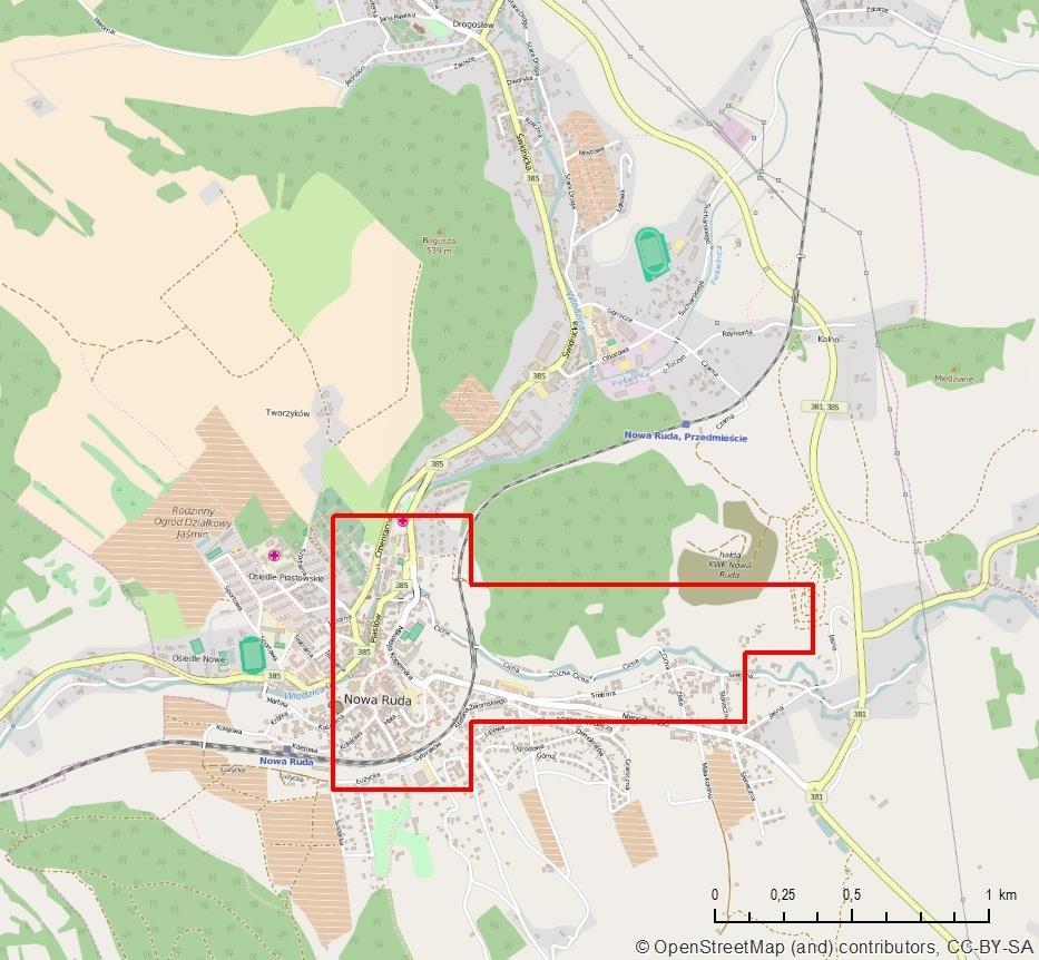 Obszar przekroczeń stężeń rocznych PM10 w Nowej Rudzie Ocena 2015