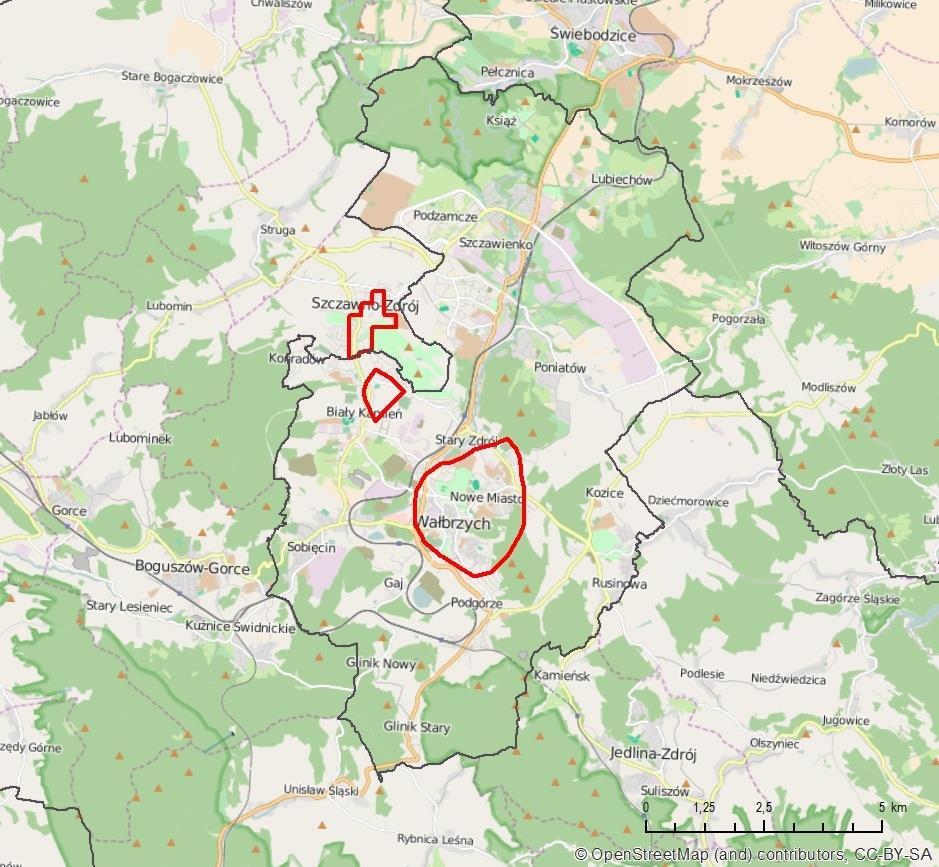 Obszary przekroczeń stężeń dobowych PM10 w Wałbrzychu Ocena 2015