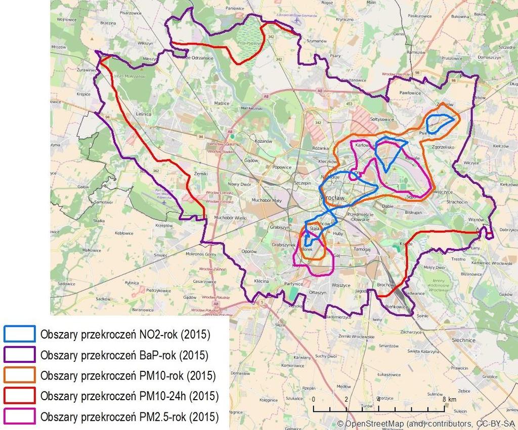 Obszary przekroczeń we Wrocławiu w 2015 r.