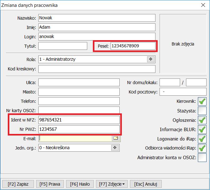 Pakiet zmian w systemie związany ze zmianami na 1 marca 2017 pracownika dostępną w module APW41 Administrator rozbudowano o dodatkowe pole Identyfikator w NFZ. Rys. 15.