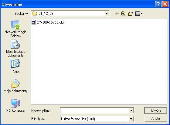Po kliknięciu na przycisk Upgrade lewym przyciskiem myszy pojawi się okno dialogowe, przy pomocy którego należy wybrać odpowiednie oprogramowanie (.ulti) modułu CM-180, co pokazana na rysunku 4.1.6.3.