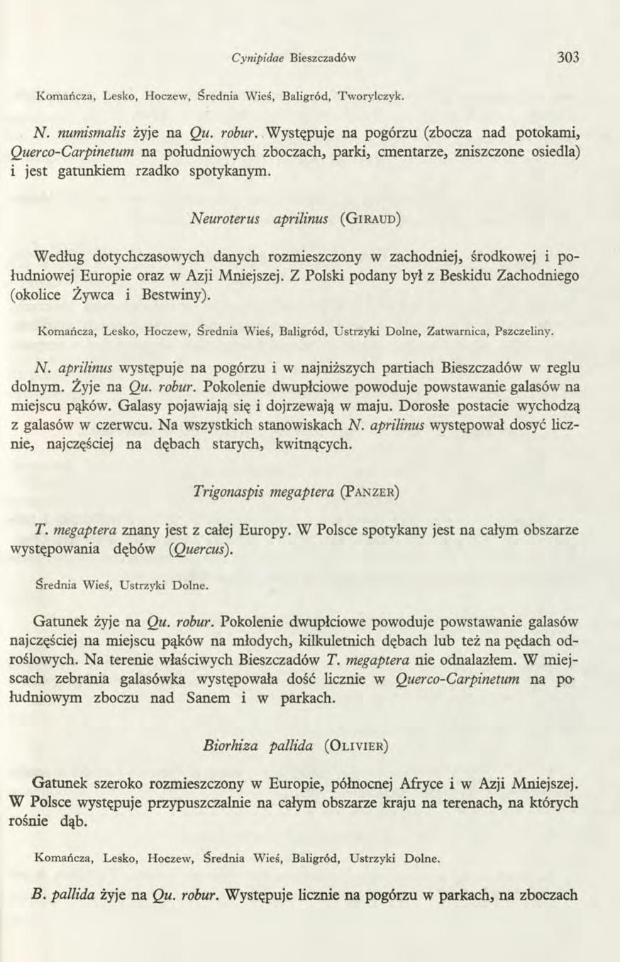Cynipidae Bieszczadów 303 Komańcza, Lesko, Hoczew, Średnia Wieś, Baligród, Tworylczyk. N. numismalis żyje na Qu. robur.