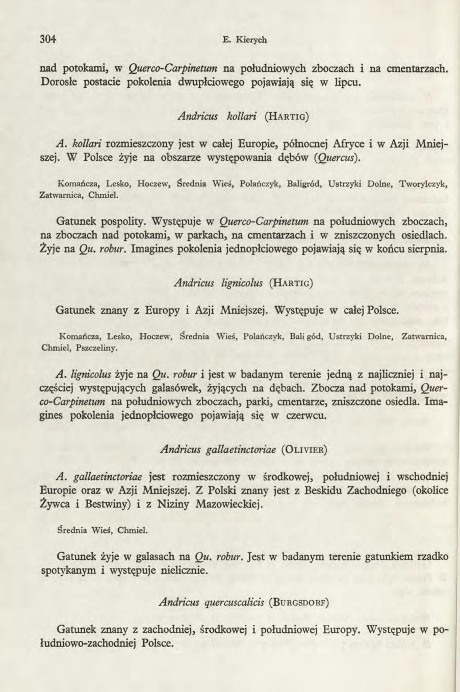 304 E. Kierych nad potokami, w Querco-Carpinetum na południowych zboczach i na cmentarzach. Dorosłe postacie pokolenia dwupłciowego pojawiają się w lipcu. Andricus kollań ( H a r t ig ) A.