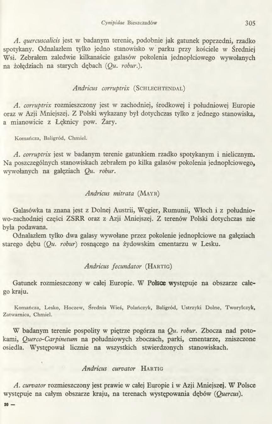 Cynipidae Bieszczadów 305 A. quercuscalicis jest w badanym terenie, podobnie jak gatunek poprzedni, rzadko spotykany. Odnalazłem tylko jedno stanowisko w parku przy kościele w Średniej Wsi.