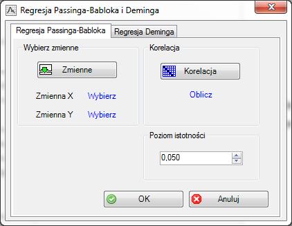 Aby wykonać analizę z menu Zestaw Plus z grupy Porównanie i ocena metod, wybieramy opcję Regresja Passinga-Babloka i Deminga, przywołując okno o tej samej nazwie.