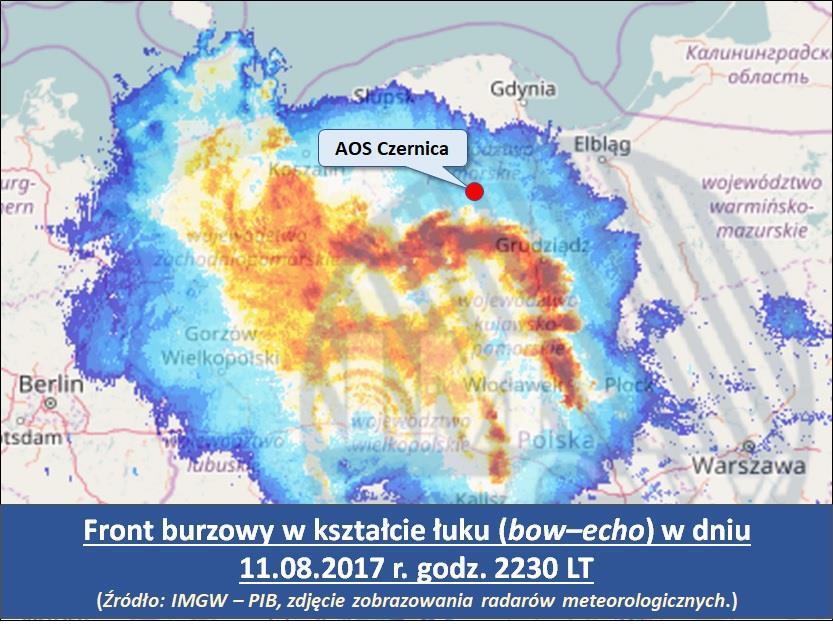 W czasie burzy generowane są wiatry szkwałowe przekraczające prędkość 100 km/h, czemu towarzyszy ulewny deszcz i grad.