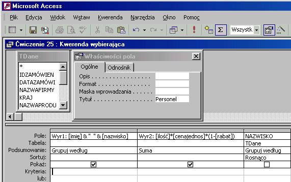 MS Access - bazy danych. Ćwiczenia. Jak to zrobić? - "Tdane.dbf" b. Jak to zrobić? TDane - ćwiczenie 26. Sposób pierwszy - Kreator wykresów.